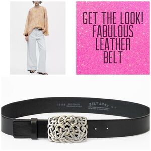 Scrolled Belt Buckle Black Leather Belt,NWT